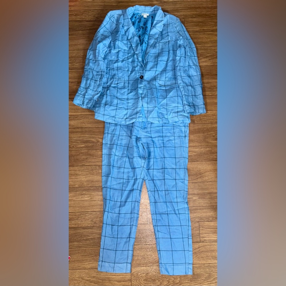 Sundance Linen Suit Women's M/8 Blue Window Pane‎ Iris Blazer Pants Lightweight